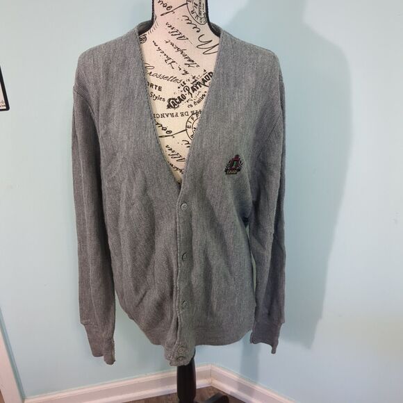 IZOD VINTAGE Cardigan Sweater Gray MADE IN USA LARGE Logo Grandpa Core - Picture 1 of 6
